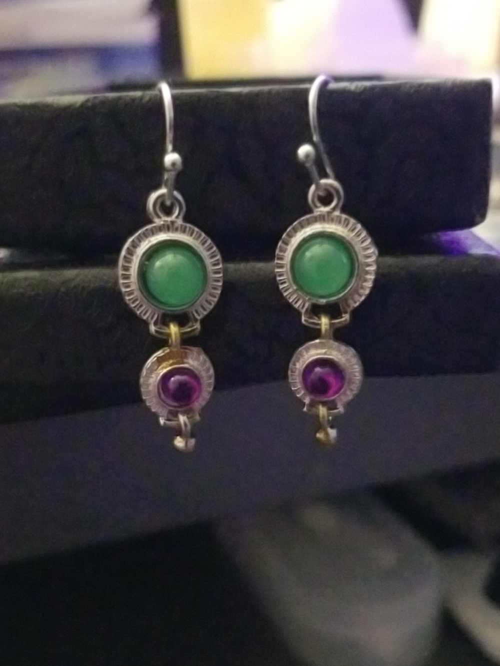 Silver Drop Earrings with Green and Purple Stones